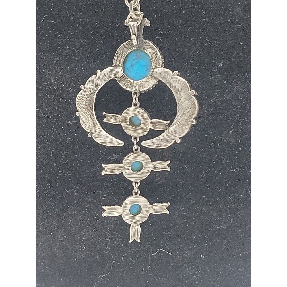 Stunning Vintage Huge Squash Blossom Silvertone Faux Turquoise Cabochon Necklace - Picture 4 of 9
